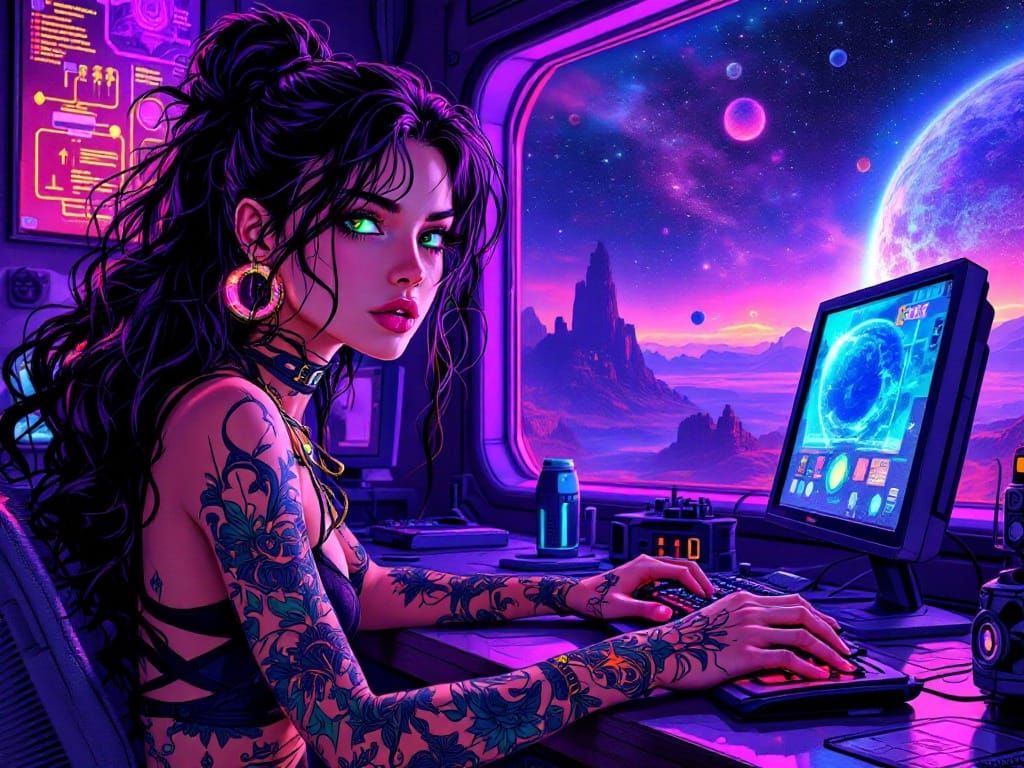 Glowing Cyberpunk Goddess in Jean Giraud Moebius Style