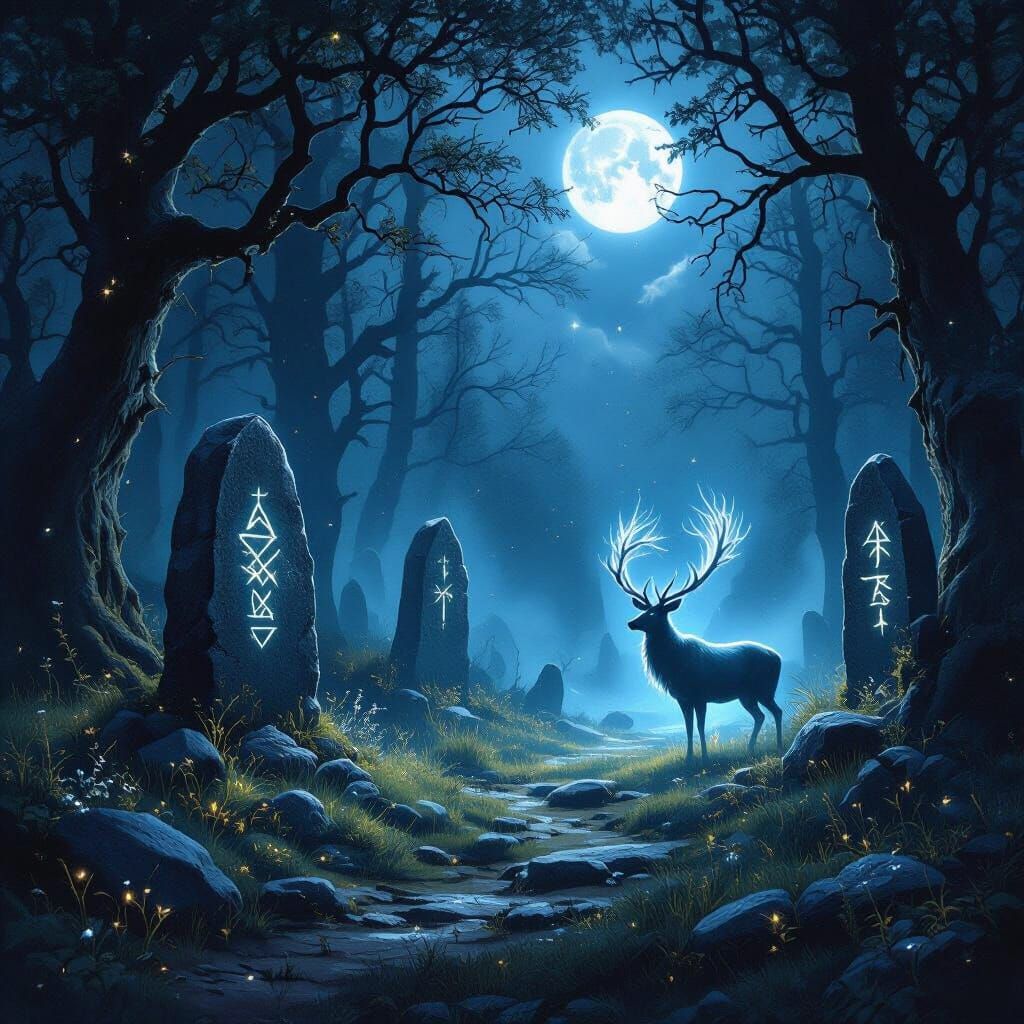 Mystical Forest Clearing with Spectral Stag Under Ethereal M...