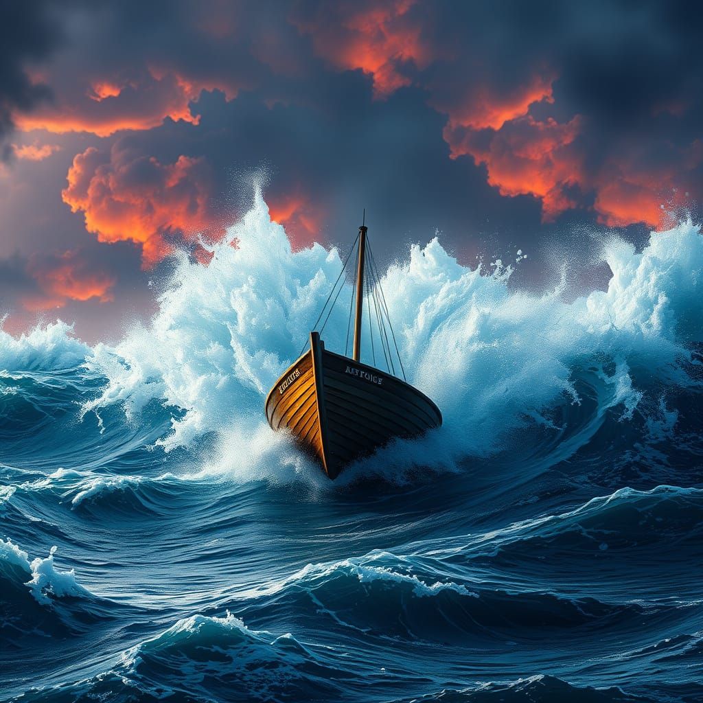 Solitary Boat Tossed in Stormy Seas