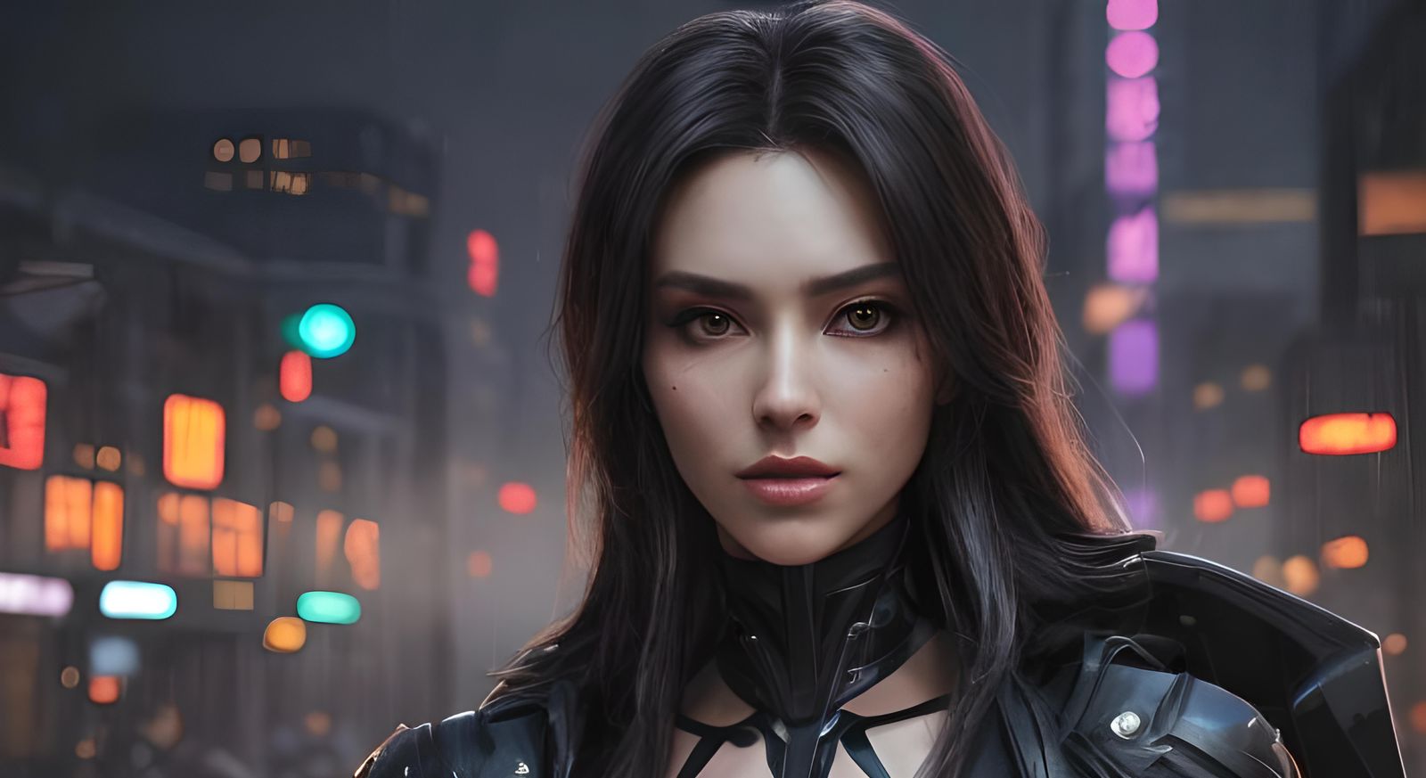 Cyberpunk Anime Woman Portrait on Rainy Street