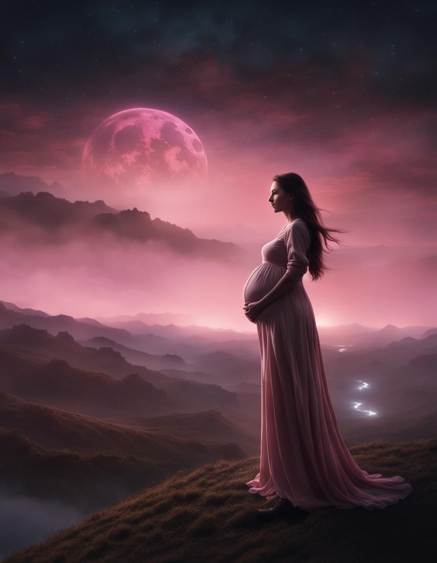 Pregnant Woman in Pink Dress at Night