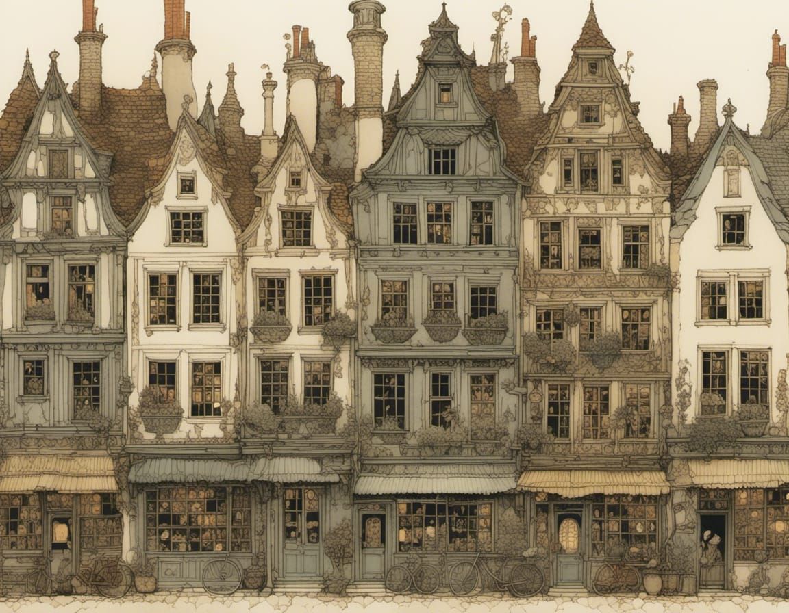 Dutch Houses in Warm Evening Light, Intricately Detailed Wat...