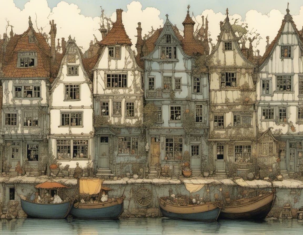 Cozy Row of Dutch Houses in Evening Light, in Whimsical Styl...