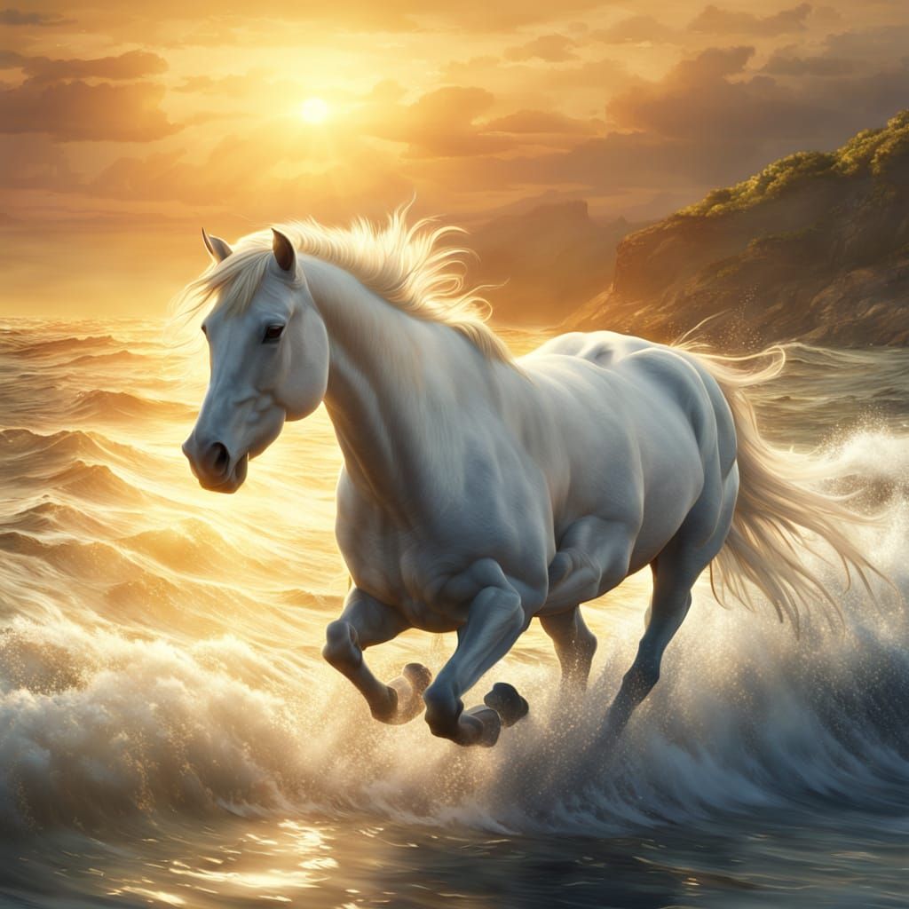 Majestic White Horse Gallops on Sea at Sunset