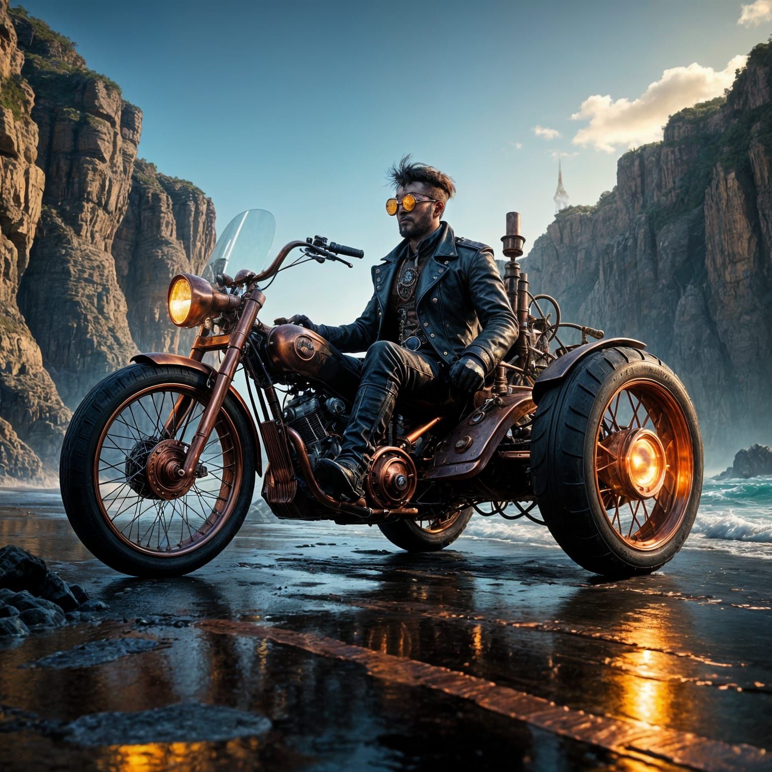 Copper Steampunk Trike on Coastal Road