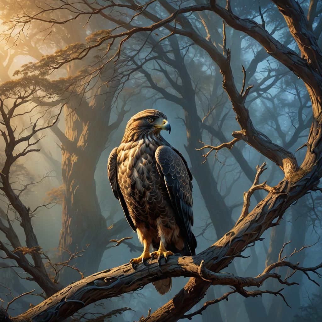 Majestic Hawk on Runed Branch in Fantasy Art