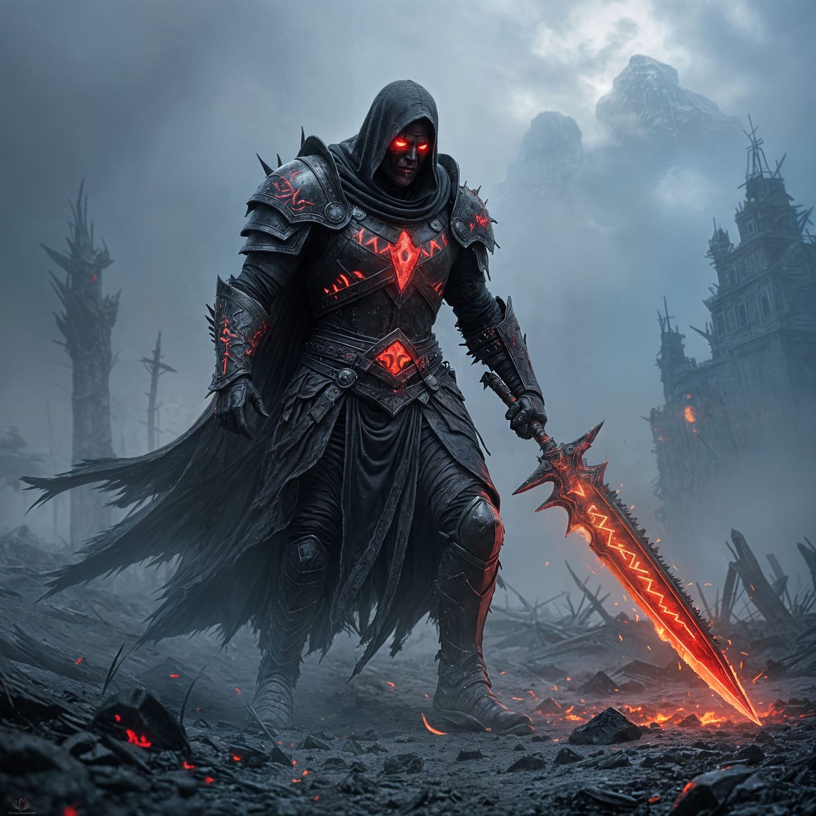 Undead Warrior in Obsidian Armor on Foggy Battlefield