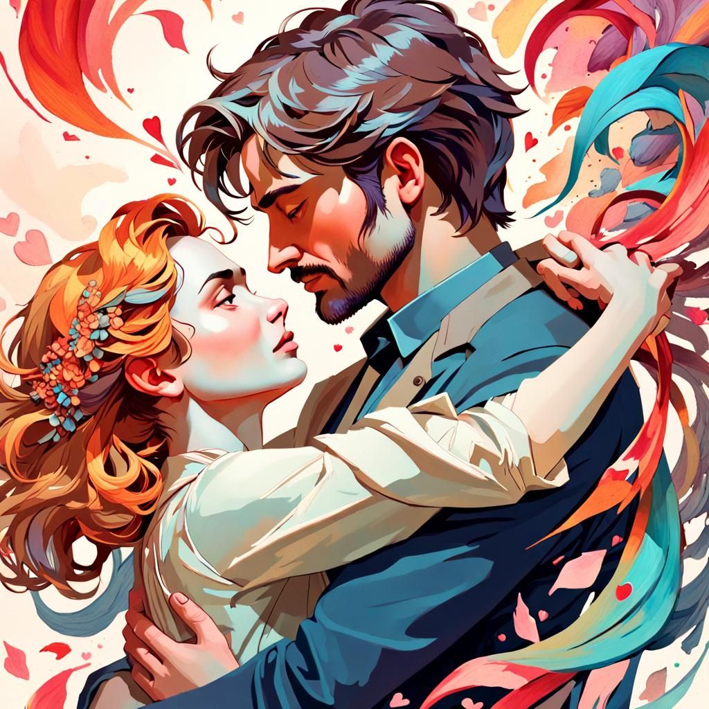 Passionate Lovers Portrait in Gouache and Watercolor