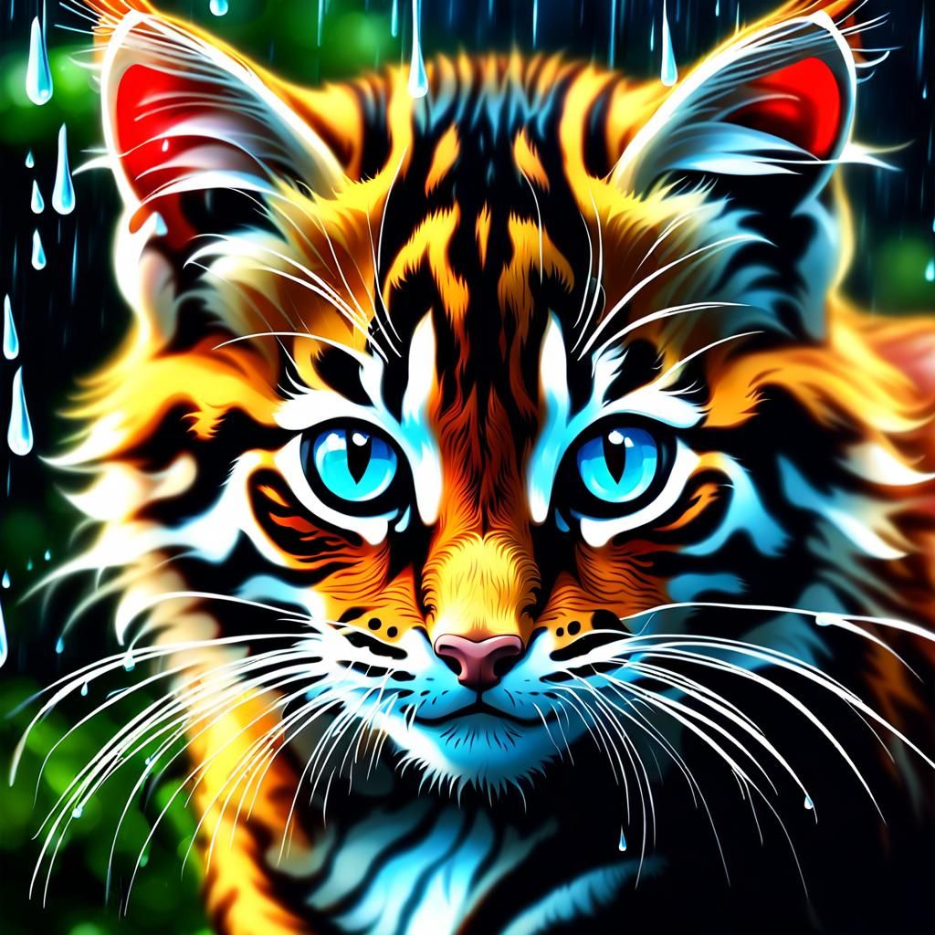 Fairy Kitten Crying in Thunderstorm: Photorealistic Artwork