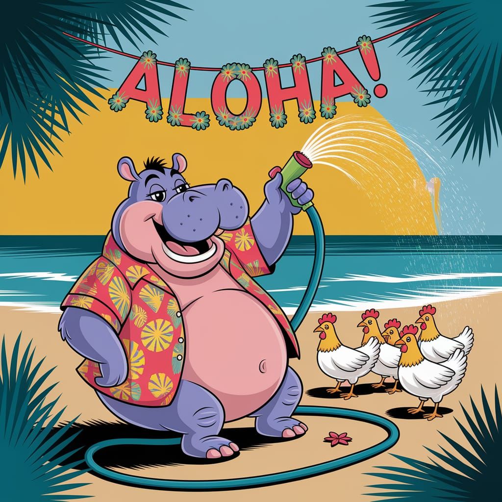 Cartoon Hippo's Hawaiian Holiday: A Digital Art Celebration