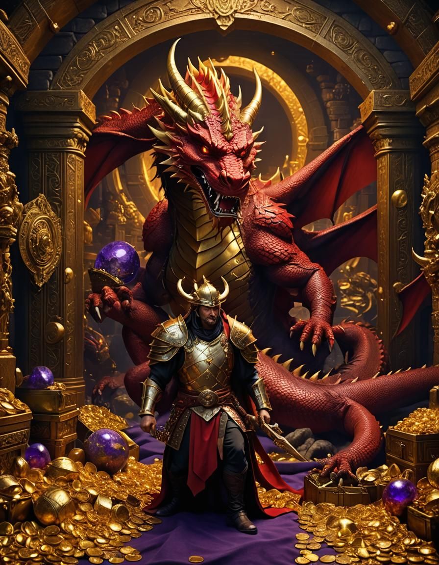 Warrior in Dragon's Treasure Chamber: Art Nouveau Style