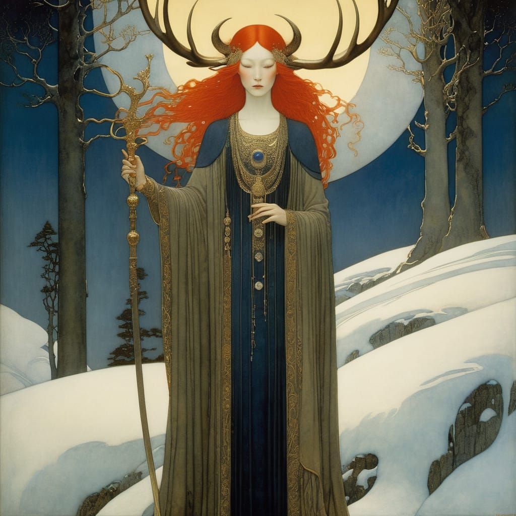 Asian Woman with Antlers in Art Nouveau Style