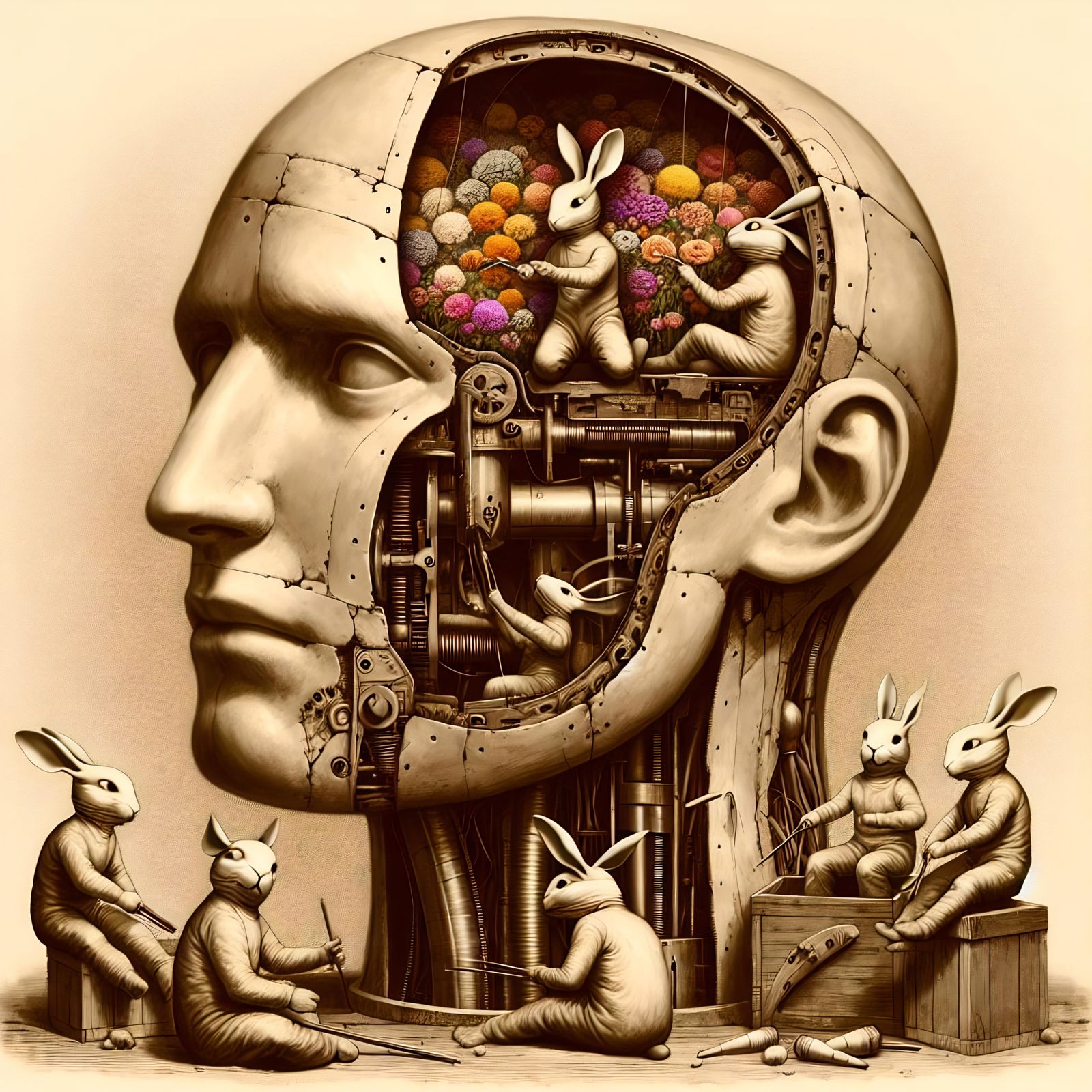 Surreal Sepia Dummy Head Filled With Floral Rabbits