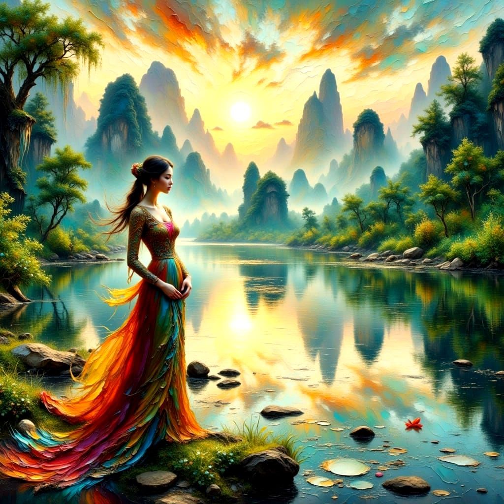 Li River Landscape in Hyperrealistic Impasto Style