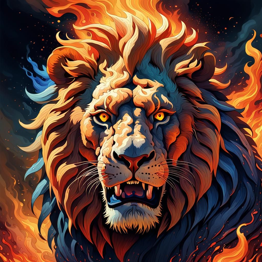 Furious Lion Roaring in Fiery Art Nouveau Portrait