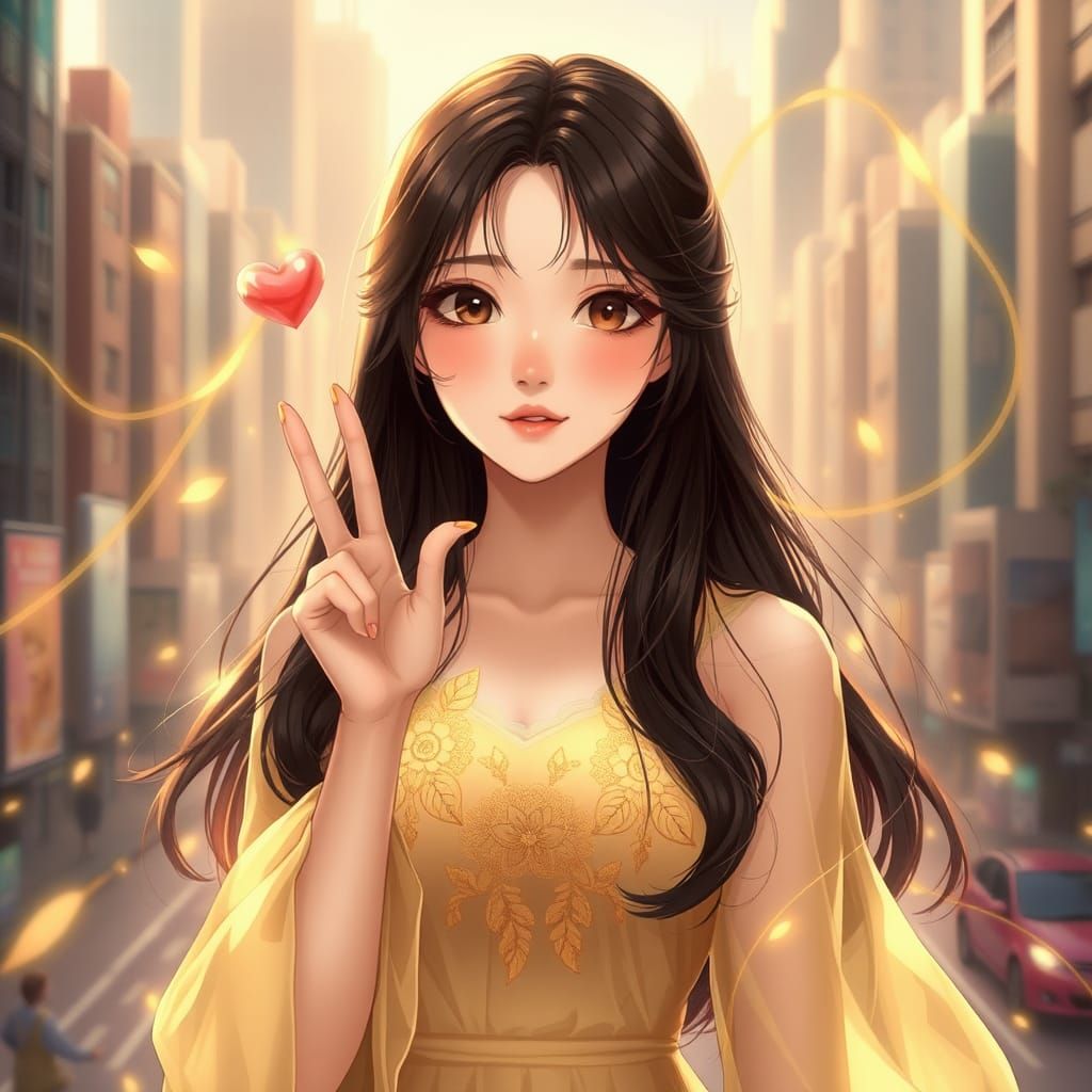 Anime Style Young Woman with Floating Heart