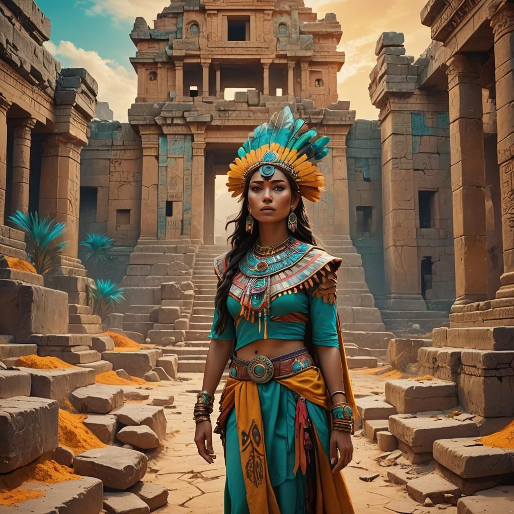 Nahuatl Girl in Mesoamerican Ruins: Fantasy Art