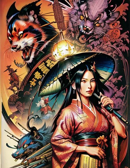 Japanese Folklore Creatures in Dark Fantasy Style