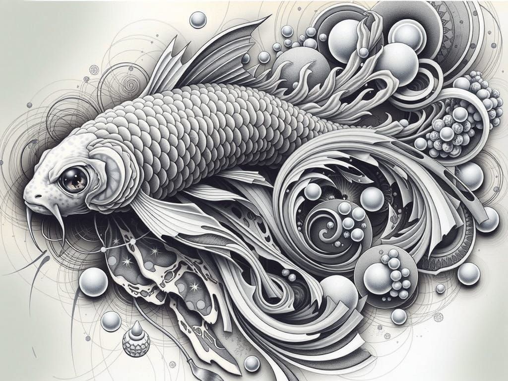 Surreal Koi Pond Scene in Traditional Japanese Ukiyo-e Style