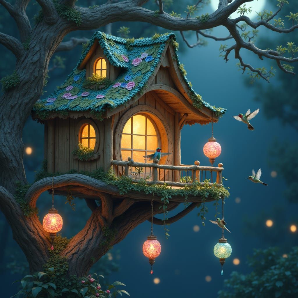 Whimsical Hummingbird Treehouse in Soft, Silvery Gray