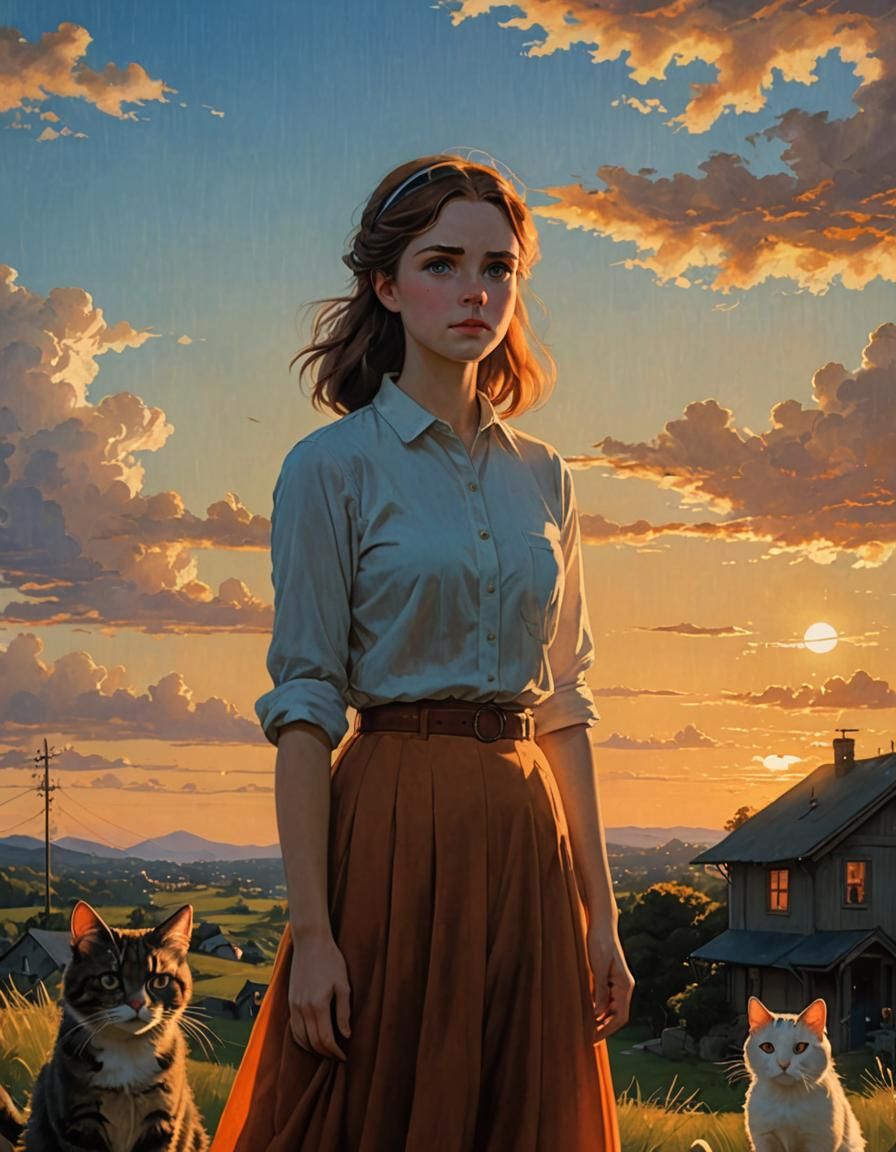 Girl in Sun Hat at Sunset in Ghibli Style