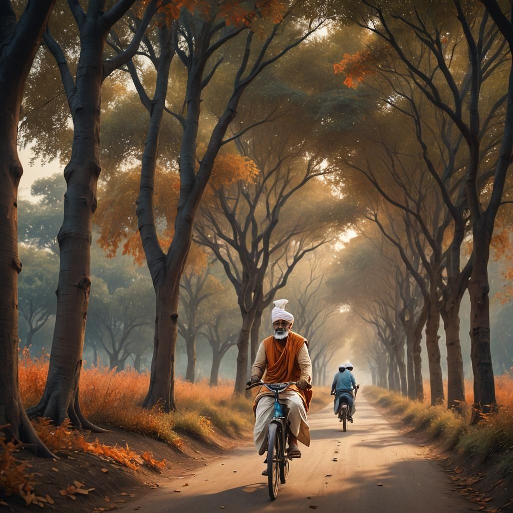 Indian Villager Cycles Down Road in Matte Painting