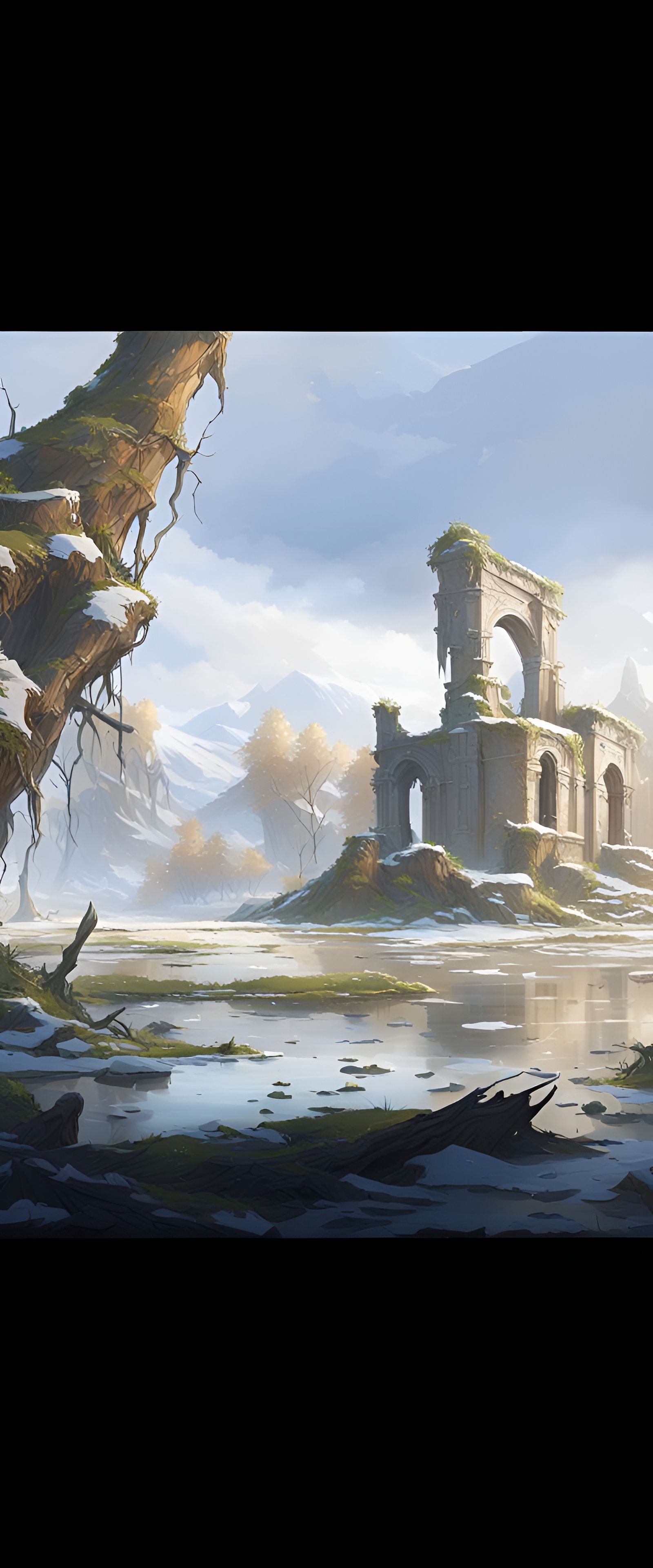 Winter ruins, swamp. Cold. Icy. Concept art.