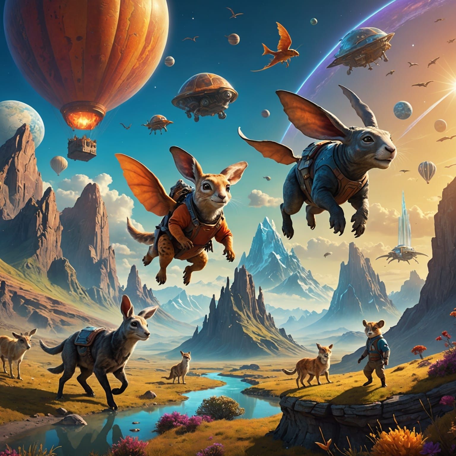 Fantastical Alien Landscape with Jumping Animals