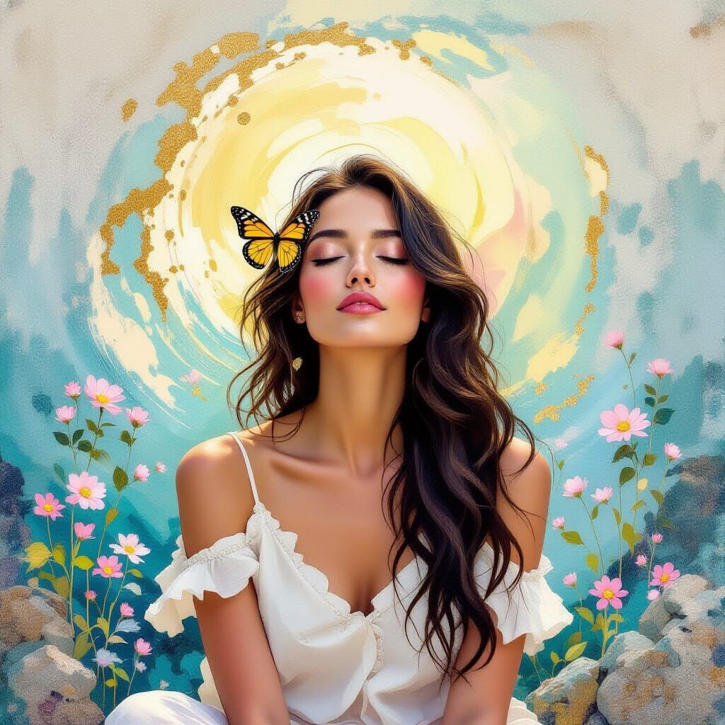 Zen Woman in Metamodern Style with Butterfly