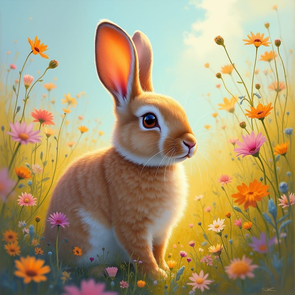 Rabbit in Meadow: Impressionist Painting