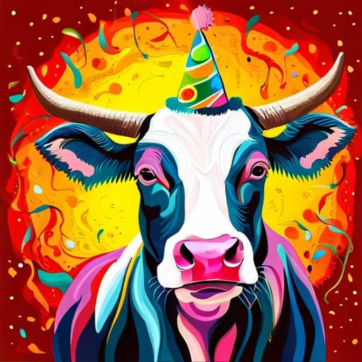 Party Cow Celebrates with Confetti in Abstract Art