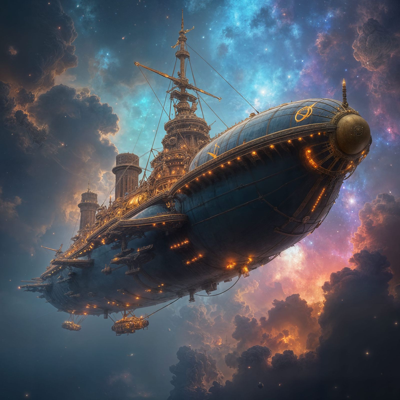 Steampunk Airship Navigates a Cosmic Nebula