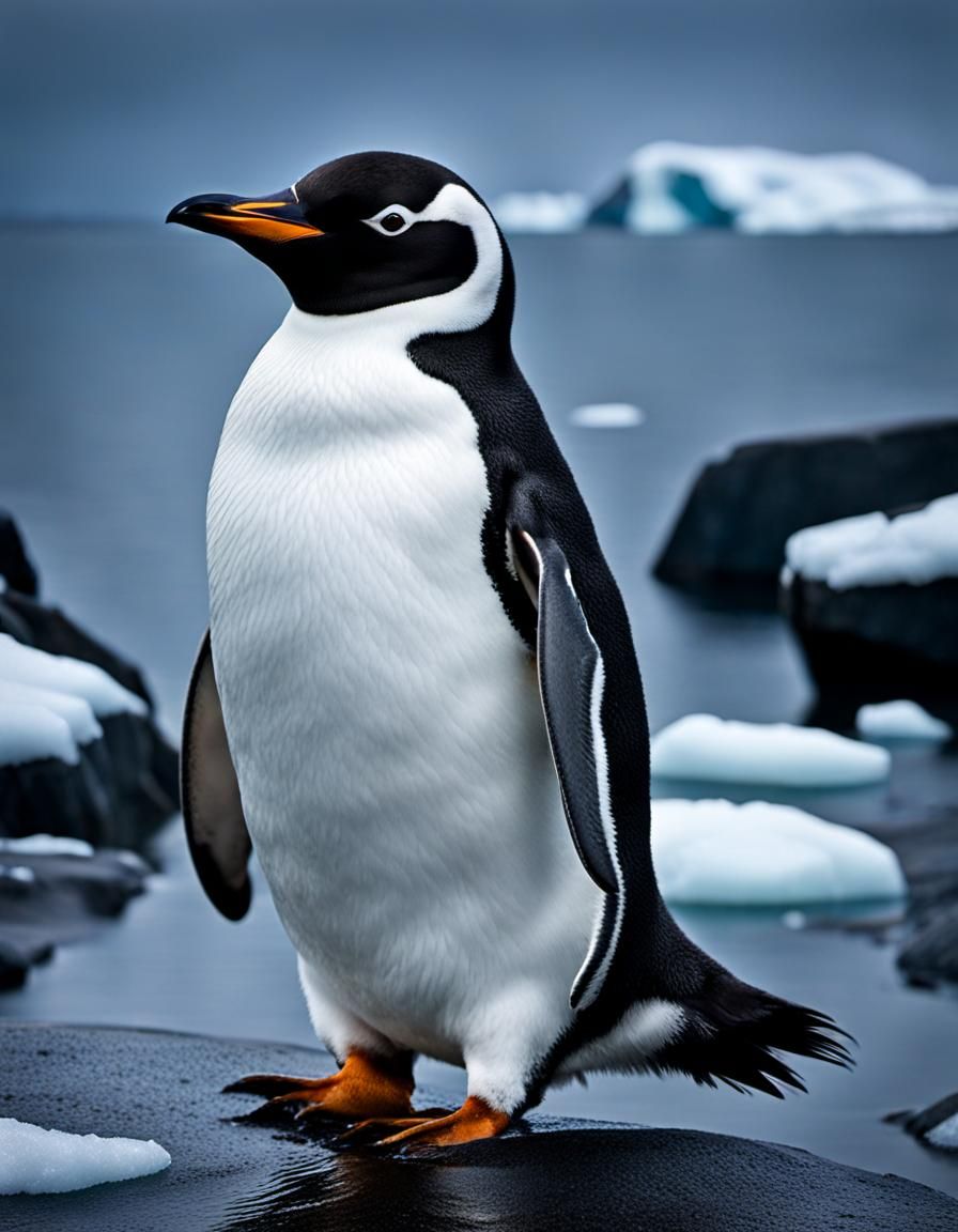 Penguin on Icy Rocks: Wildlife Photography