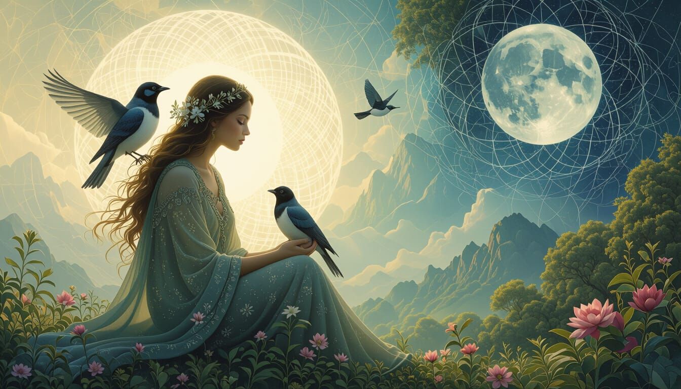 Ethereal Woman Carrying Birds in Dreamlike Nature Mindscape