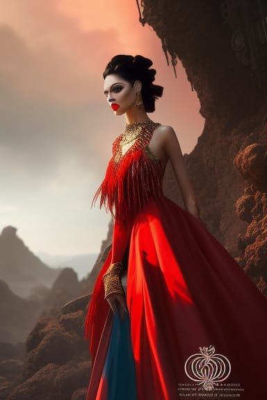 Girl at a fashion show in hell, model a magnificent McQueen couture bright clothes, fashion style, horror, fire, lava, i...