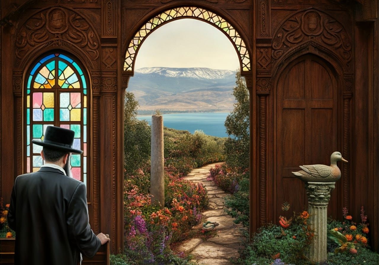 Hasidic Noble Contemplates Whimsical Garden Scene