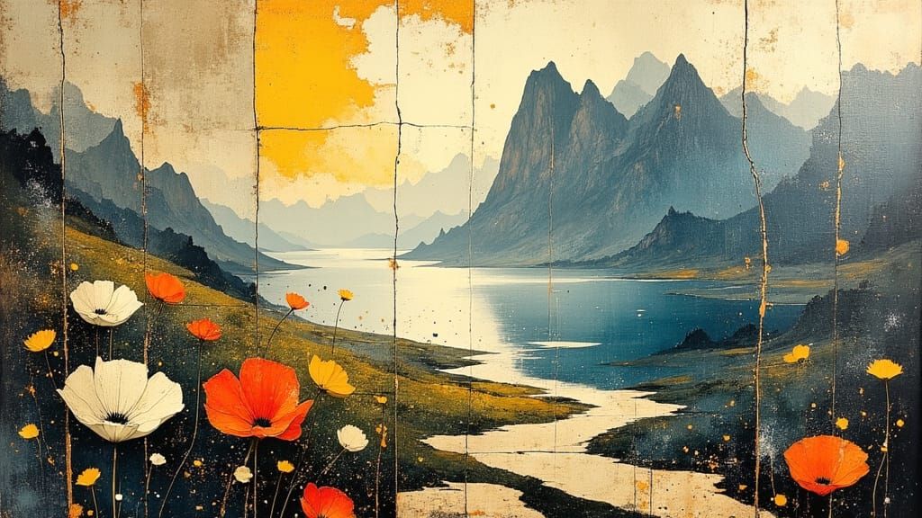 Epic Surreal Fantasy Landscape with Vibrant Flowers and Shim...