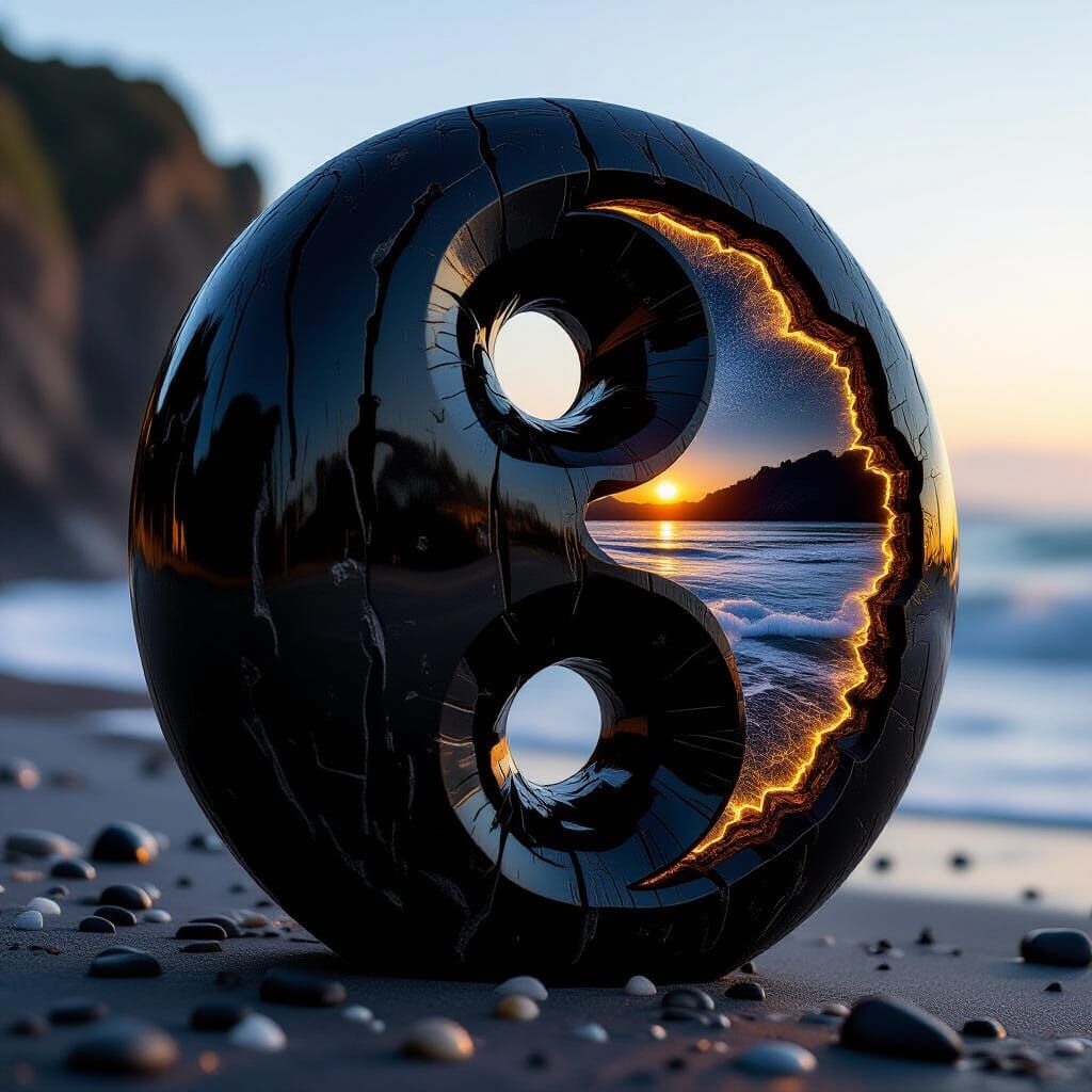 Obsidian Yin Yang Sculpture with Cosmic Glow