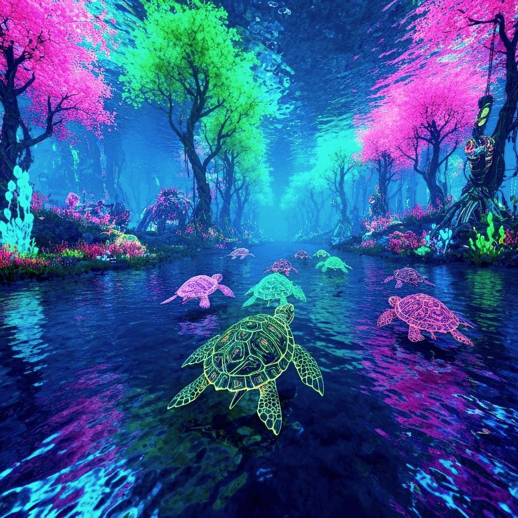 Psychedelic Biopunk Turtles in Pink Lake