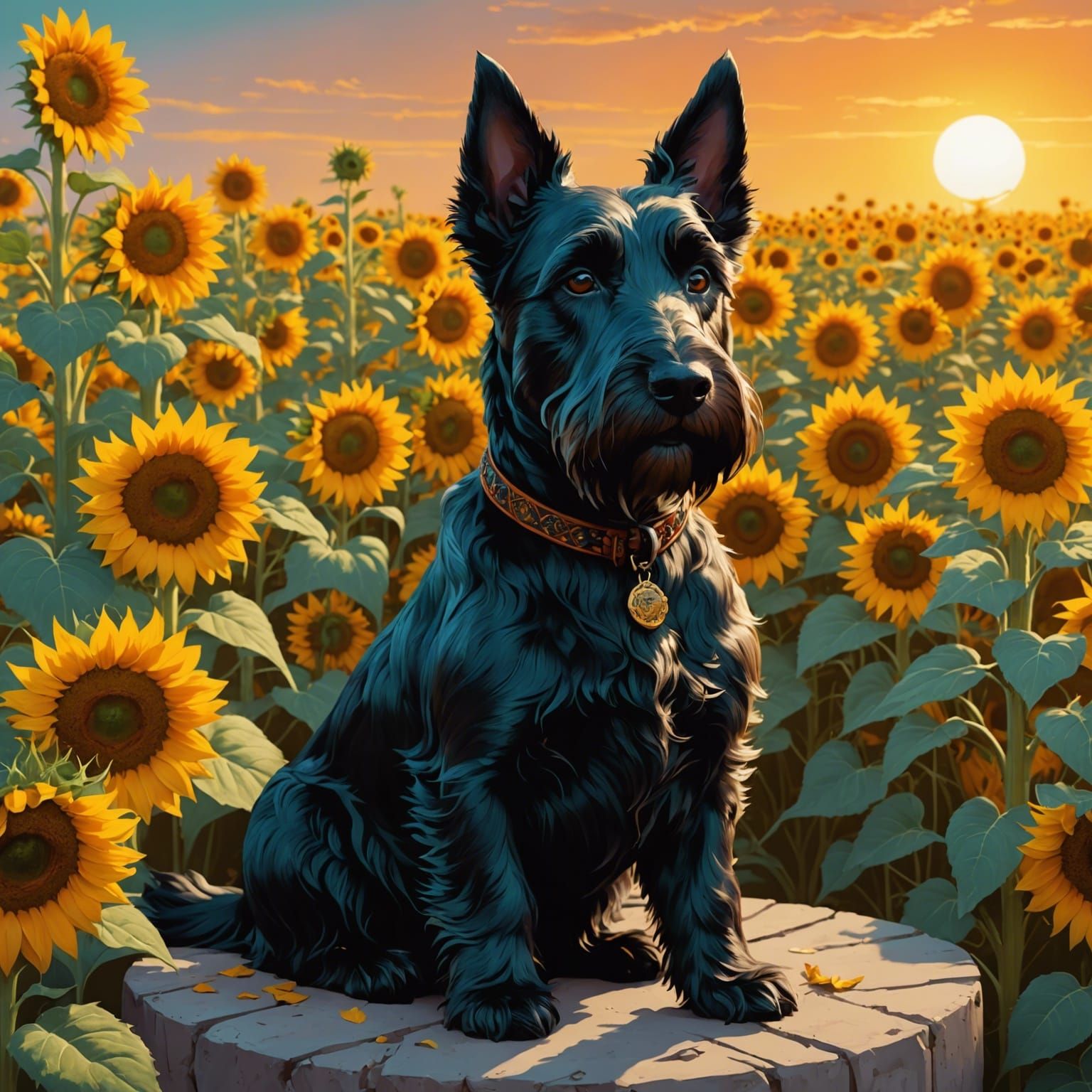 Scottish Terrier in Sunflower Field: Hyperdetailed Art
