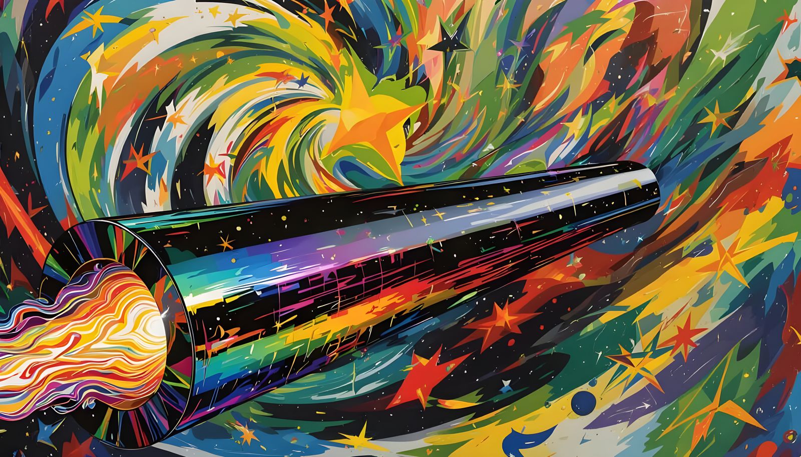 Sleek Rainbow Cylinder with Cosmic Vortex of Impasto Paint