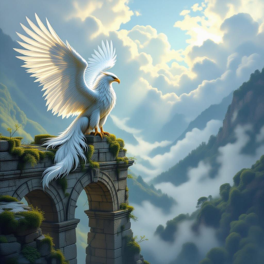 Majestic Griffin on Mossy Aqueduct in Ethereal Light