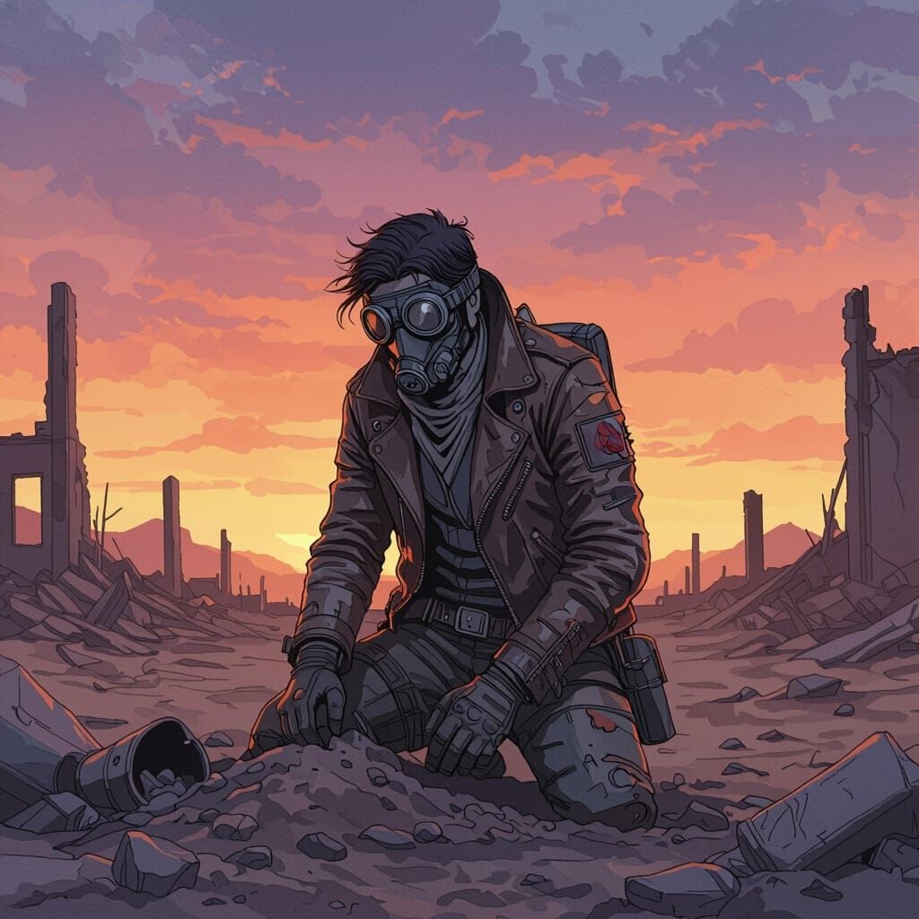 Wasteland Scavenger in Ruins, Stylized Watercolor