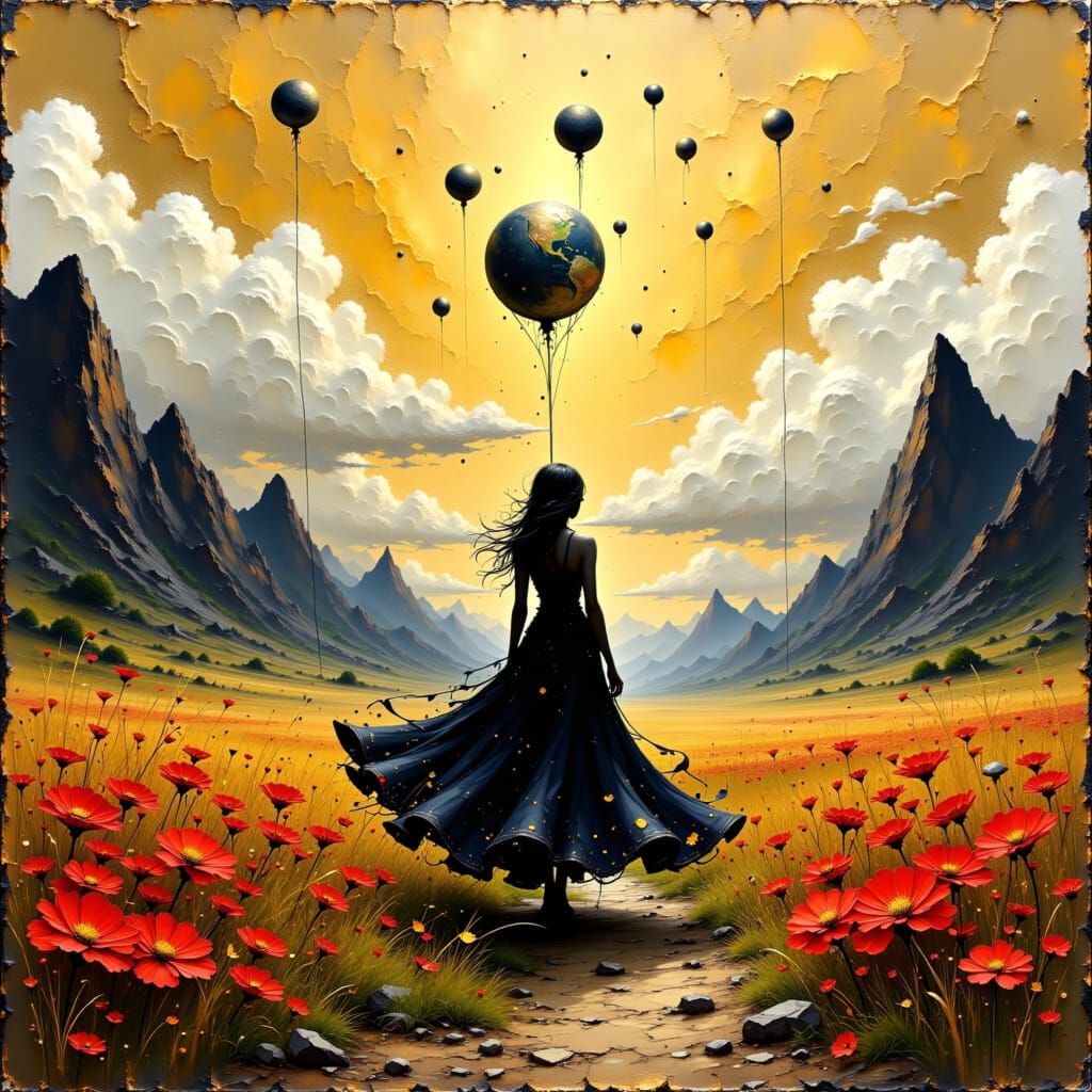 Woman with Celestial Balloons in Impasto Style