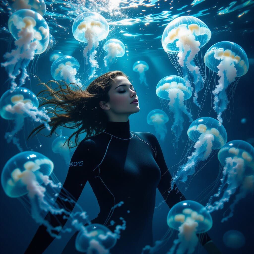 Free-Diver Surrounded by Jellyfish in Oil Painting Style