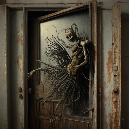 Surreal Doll Crawling Up Door Frame