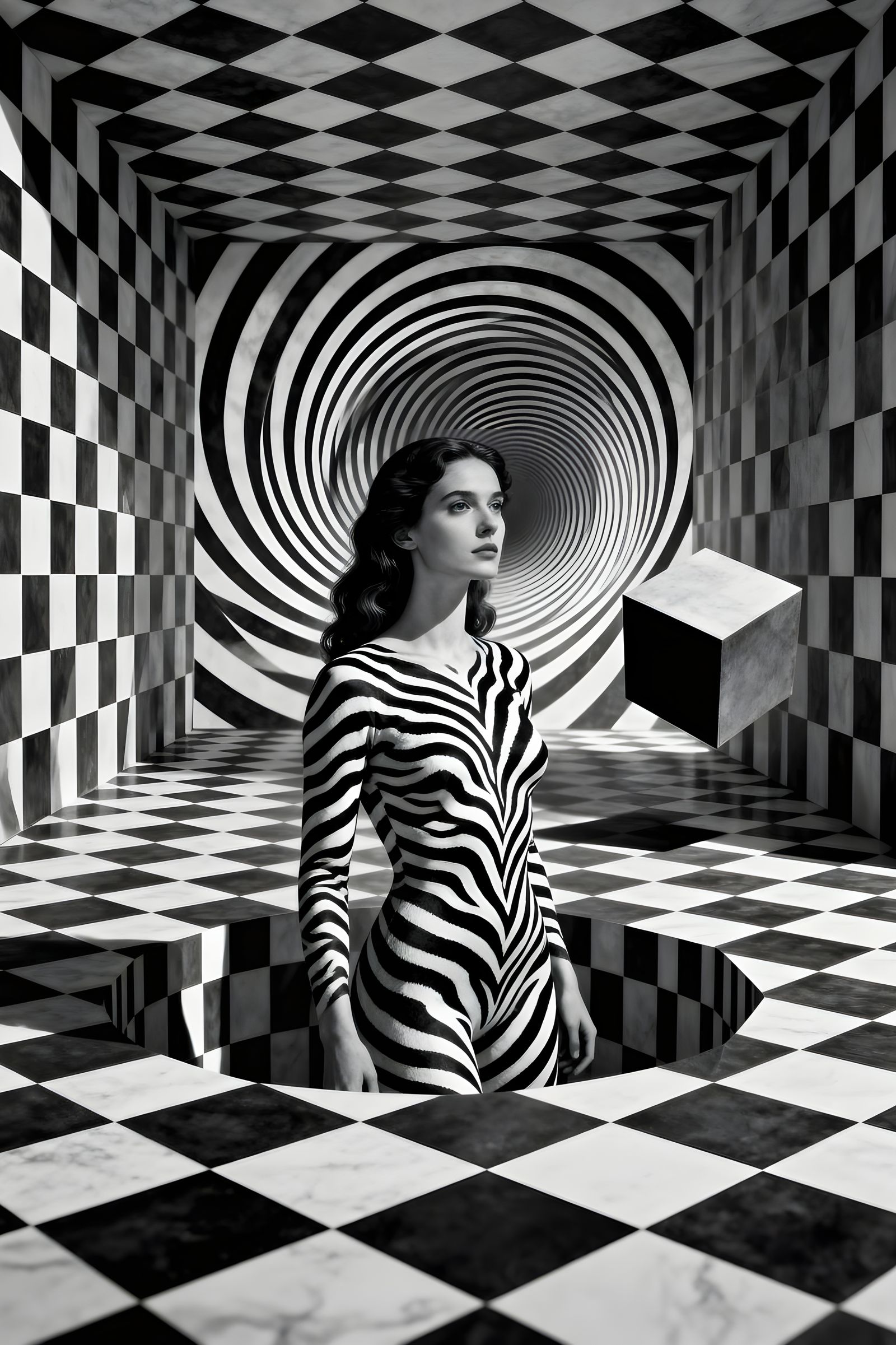 Optical Illusion Woman in Monochrome Labyrinth