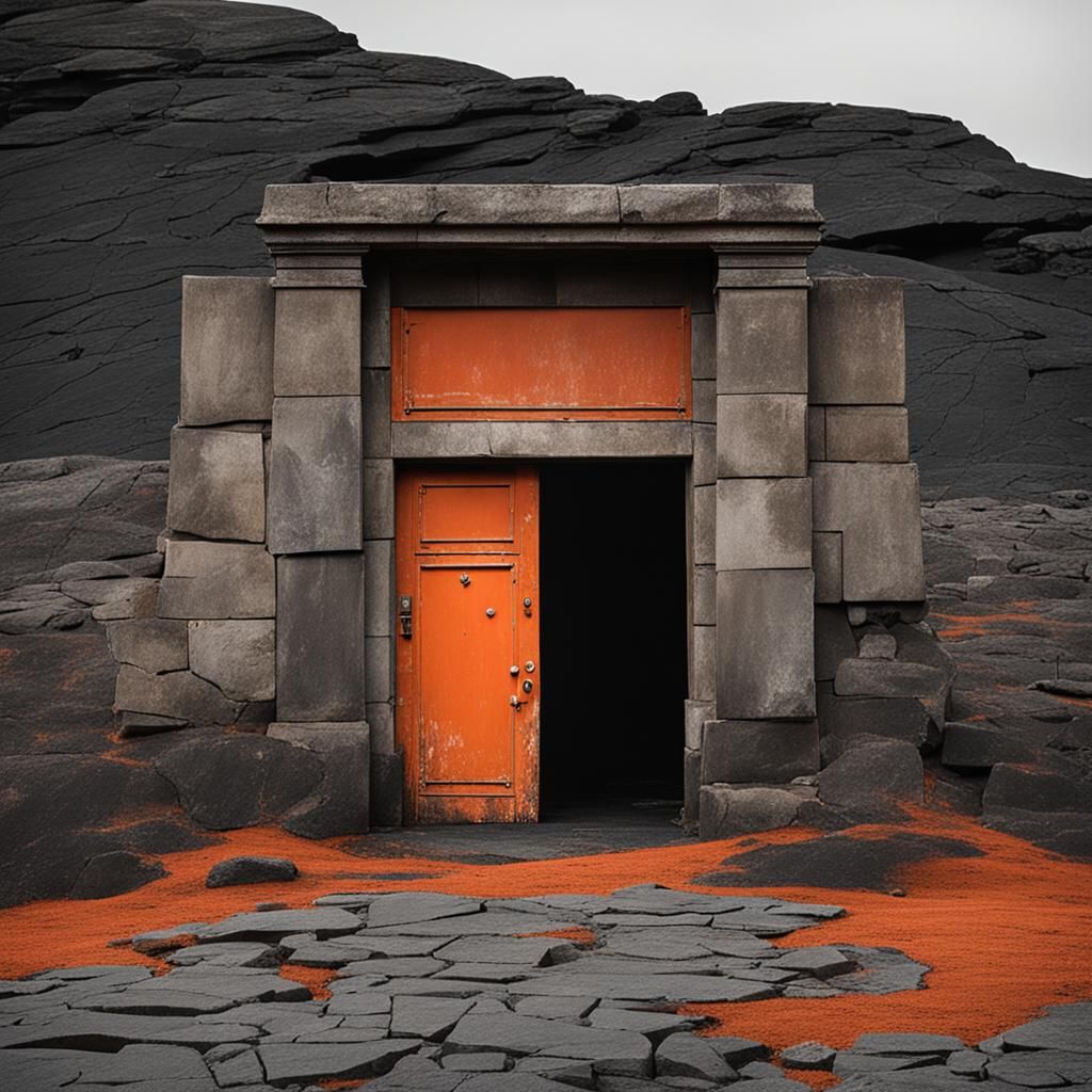 Gloomy Orange Door on Stone Plateau