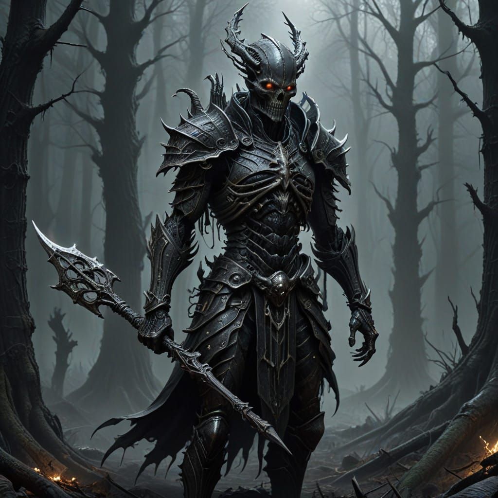 Dark Fantasy Warrior-Mage in Bone Armor, Ravaged Forest