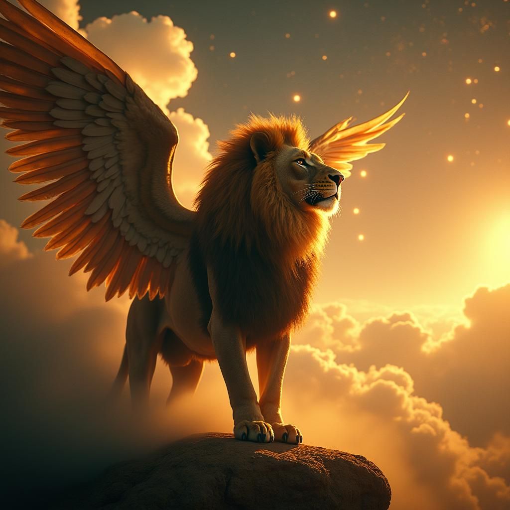 Majestic Winged Lion in a Cosmic Film Still